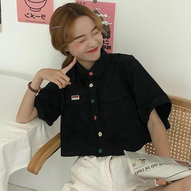 Cropped Blouse With Colorful Buttons and Wide Sleeves