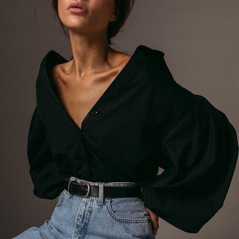 Button-Down Blouse With Puff Sleeves