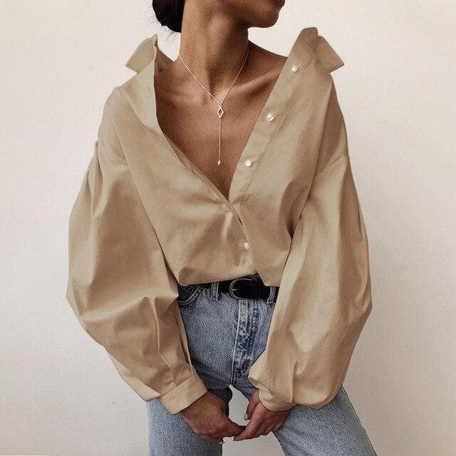 Button-Down Blouse With Puff Sleeves