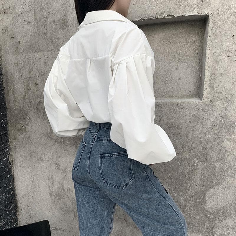 Button-Down Blouse With Puff Sleeves