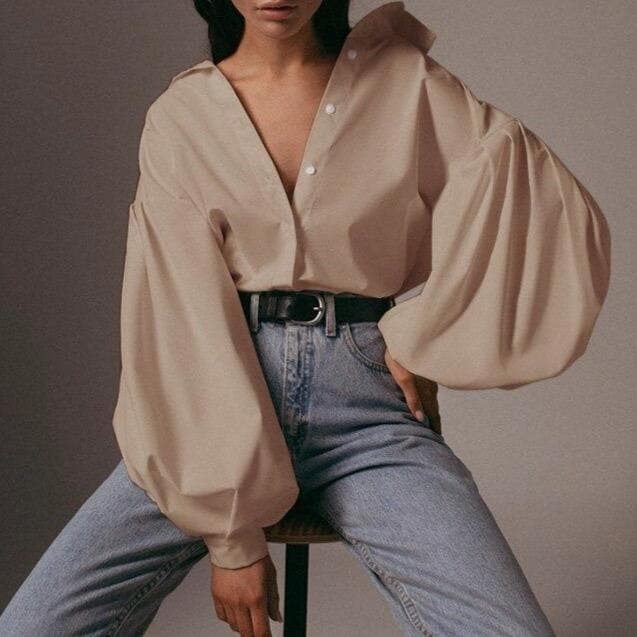 Button-Down Blouse With Puff Sleeves