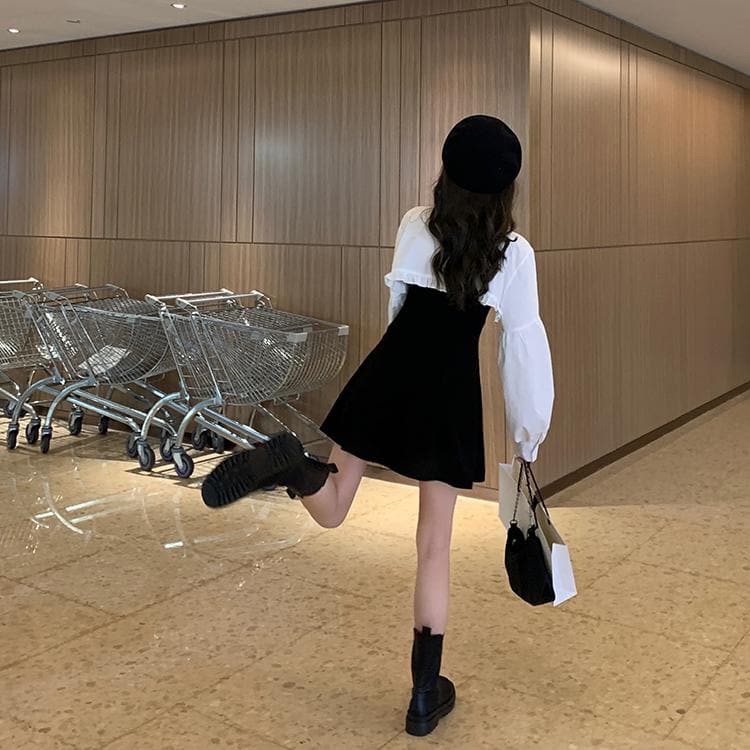 2-in-1 Mini Dress + Collared Shirt with Lantern Sleeves