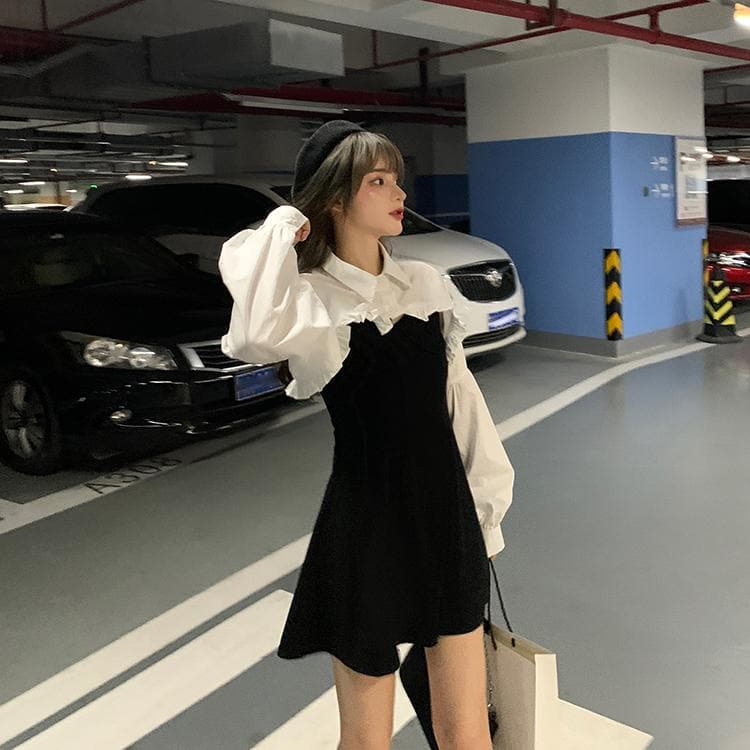 2-in-1 Mini Dress + Collared Shirt with Lantern Sleeves