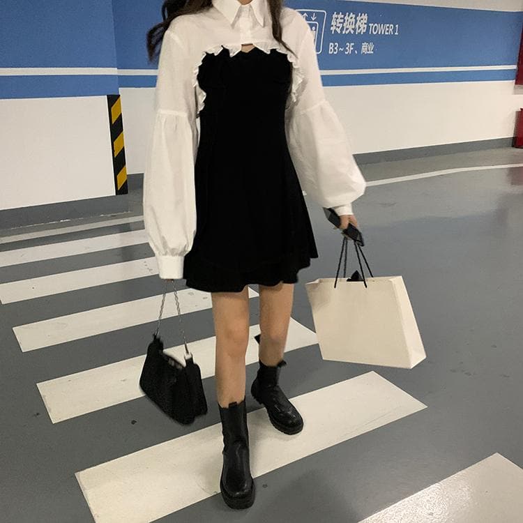 2-in-1 Mini Dress + Collared Shirt with Lantern Sleeves