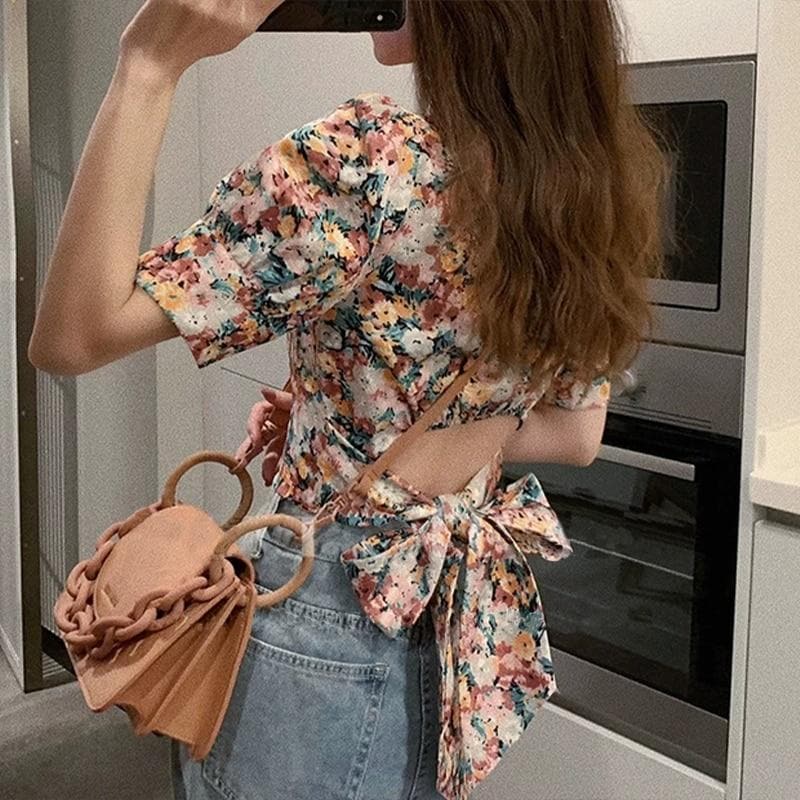 Floral Blouse With Back Cut-Out And Bow