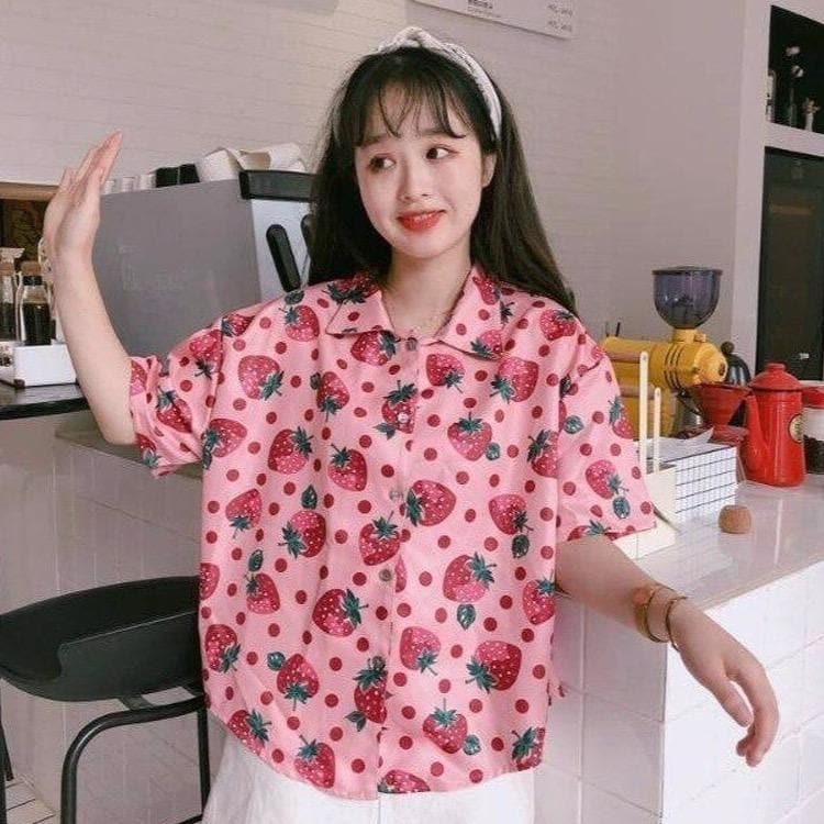 Buttoned Shirt With Strawberry Pattern