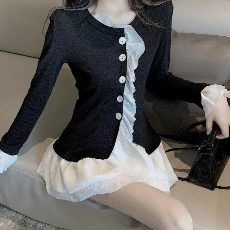 2-in-1 Longsleeved Cardigan + Ruffle Blouse