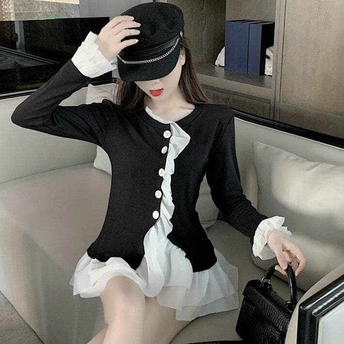 2-in-1 Longsleeved Cardigan + Ruffle Blouse