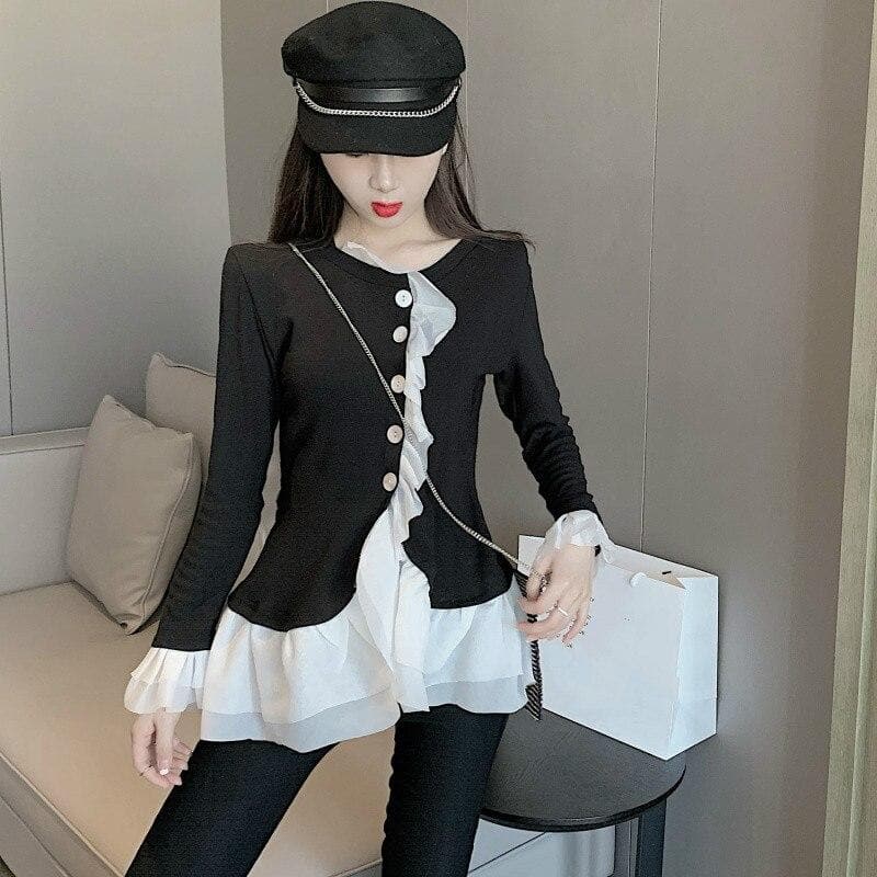 2-in-1 Longsleeved Cardigan + Ruffle Blouse