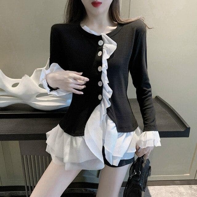 2-in-1 Longsleeved Cardigan + Ruffle Blouse