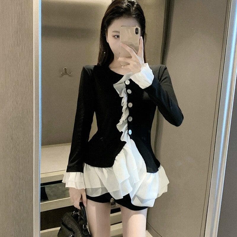 2-in-1 Longsleeved Cardigan + Ruffle Blouse