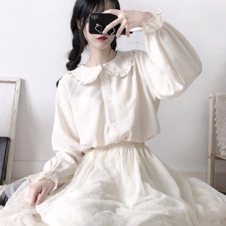 Button-Down Blouse With Lantern Sleeves And Frill Accents