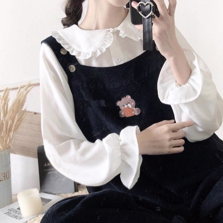 Button-Down Blouse With Lantern Sleeves And Frill Accents