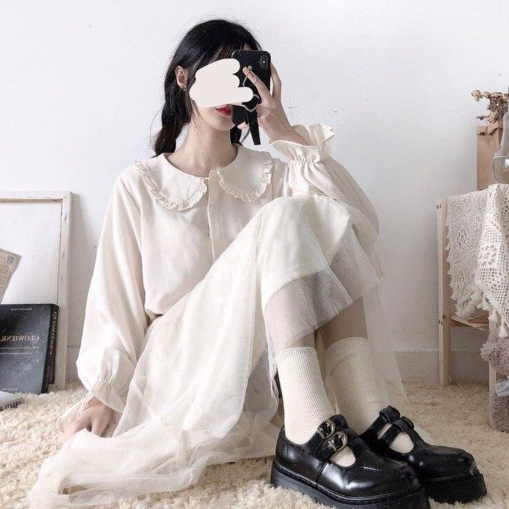 Button-Down Blouse With Lantern Sleeves And Frill Accents