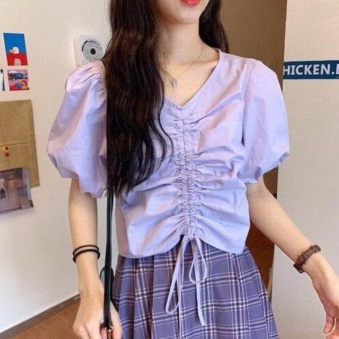 Blouse With Drawstring And Puff Sleeves