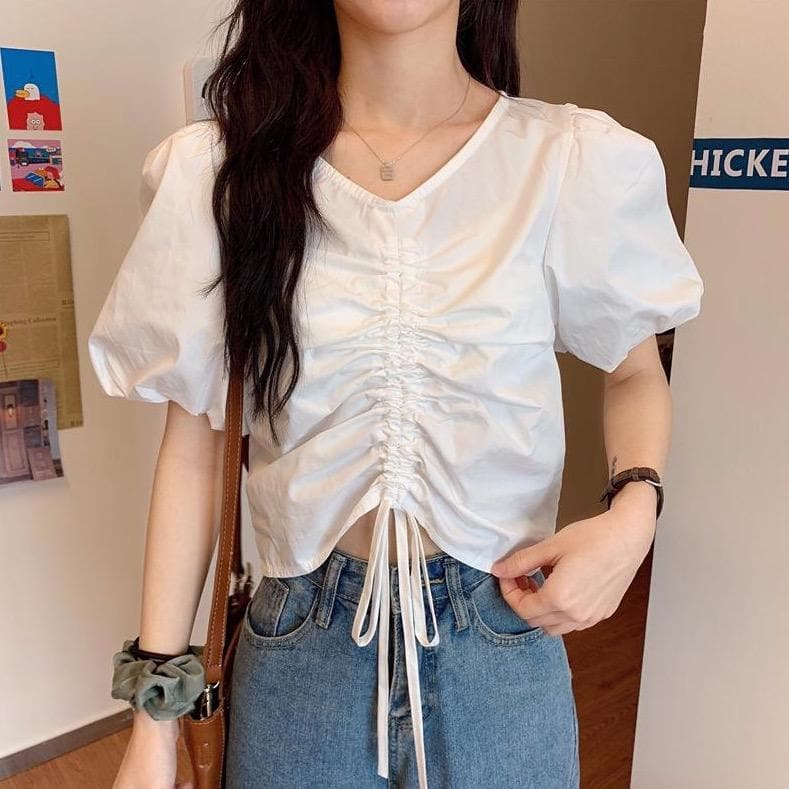 Blouse With Drawstring And Puff Sleeves