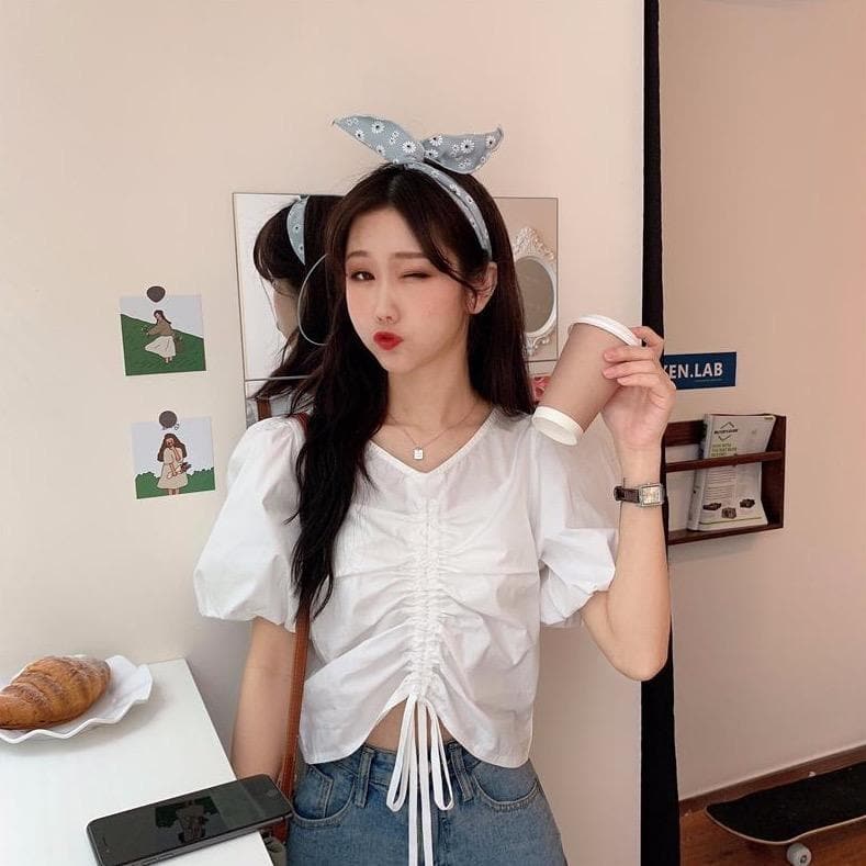 Blouse With Drawstring And Puff Sleeves