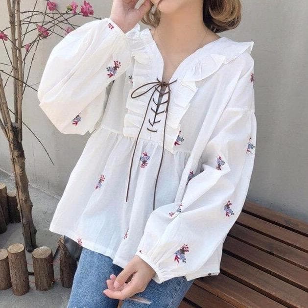 Ruffle Blouse With Floral Embroideries And Lace-Up