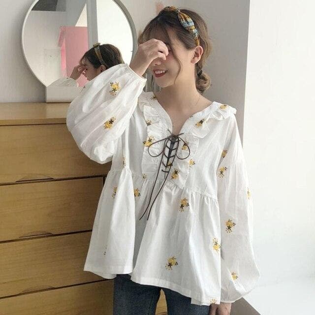 Ruffle Blouse With Floral Embroideries And Lace-Up