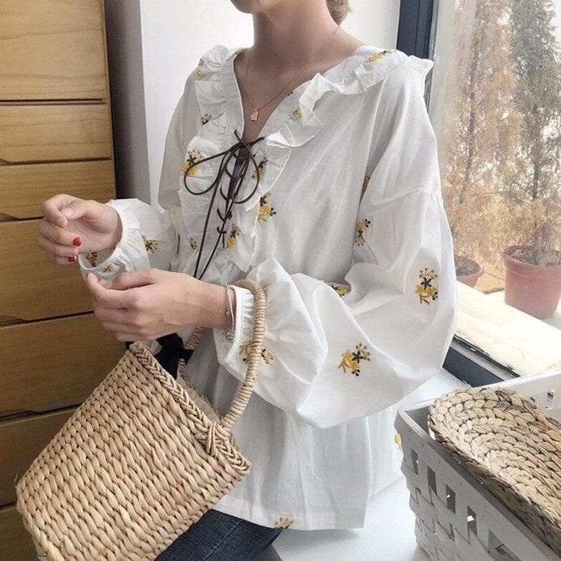 Ruffle Blouse With Floral Embroideries And Lace-Up