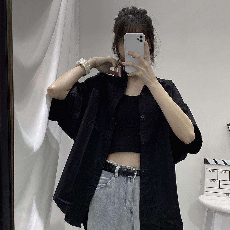 Oversized Button-Down Shirt With Wide Half Sleeves