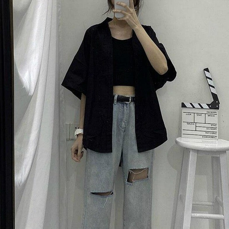Oversized Button-Down Shirt With Wide Half Sleeves