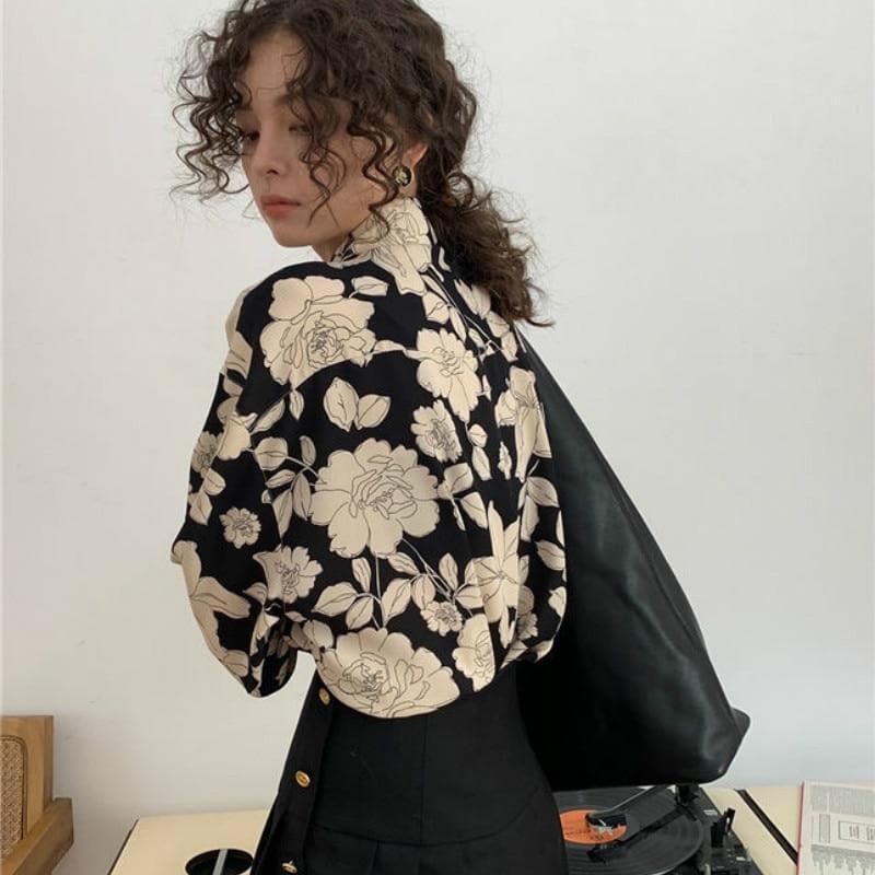Button-Down Blouse With Paper Rose Print