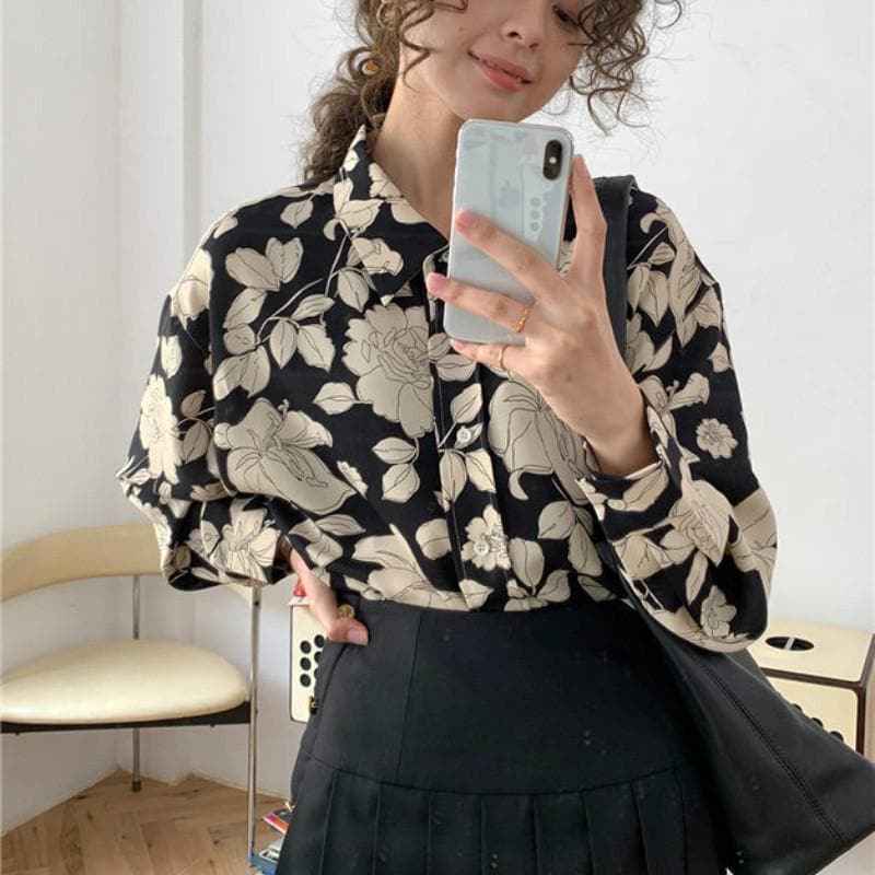 Button-Down Blouse With Paper Rose Print