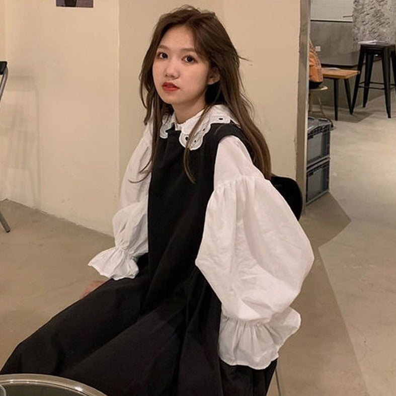 Outfit-Set: A-Line Dress + Blouse With Flare Sleeves