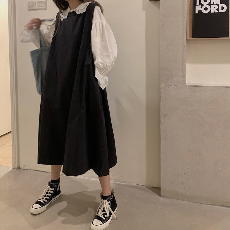 Outfit-Set: A-Line Dress + Blouse With Flare Sleeves