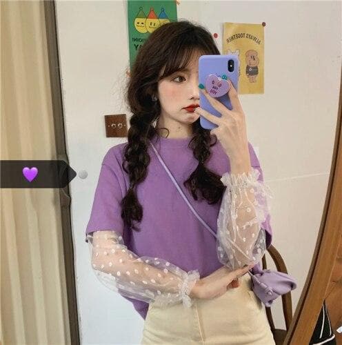 2-in-1 Tee + Transparent Mesh Sleeves With Daisy Pattern