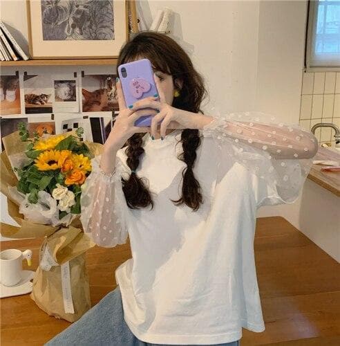 2-in-1 Tee + Transparent Mesh Sleeves With Daisy Pattern