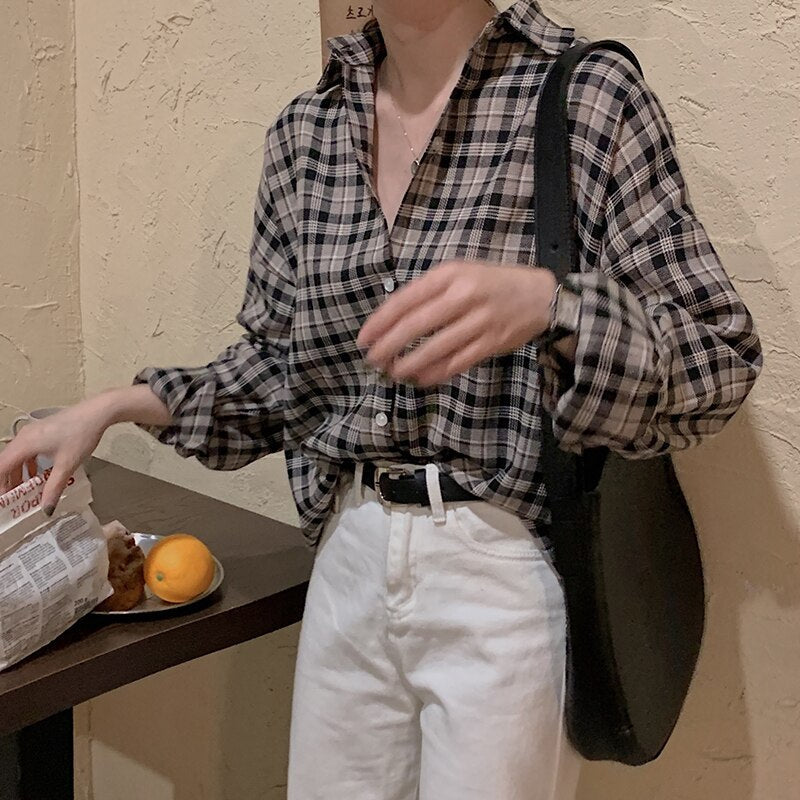 Oversized Plaid Blouse With Turn-Down Collar