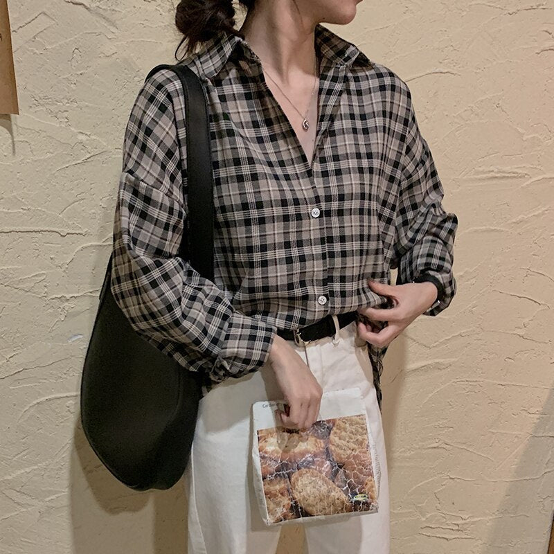 Oversized Plaid Blouse With Turn-Down Collar