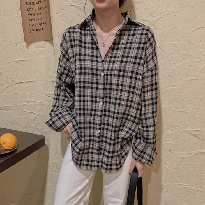 Oversized Plaid Blouse With Turn-Down Collar