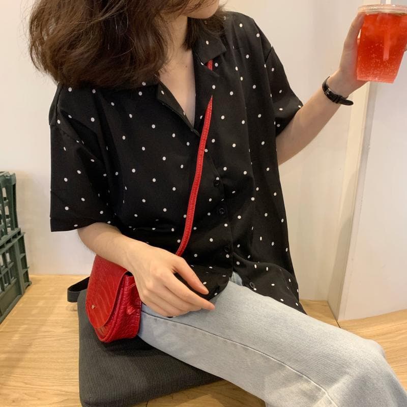 Shortsleeved Blouse With V-Neck And Polkadots