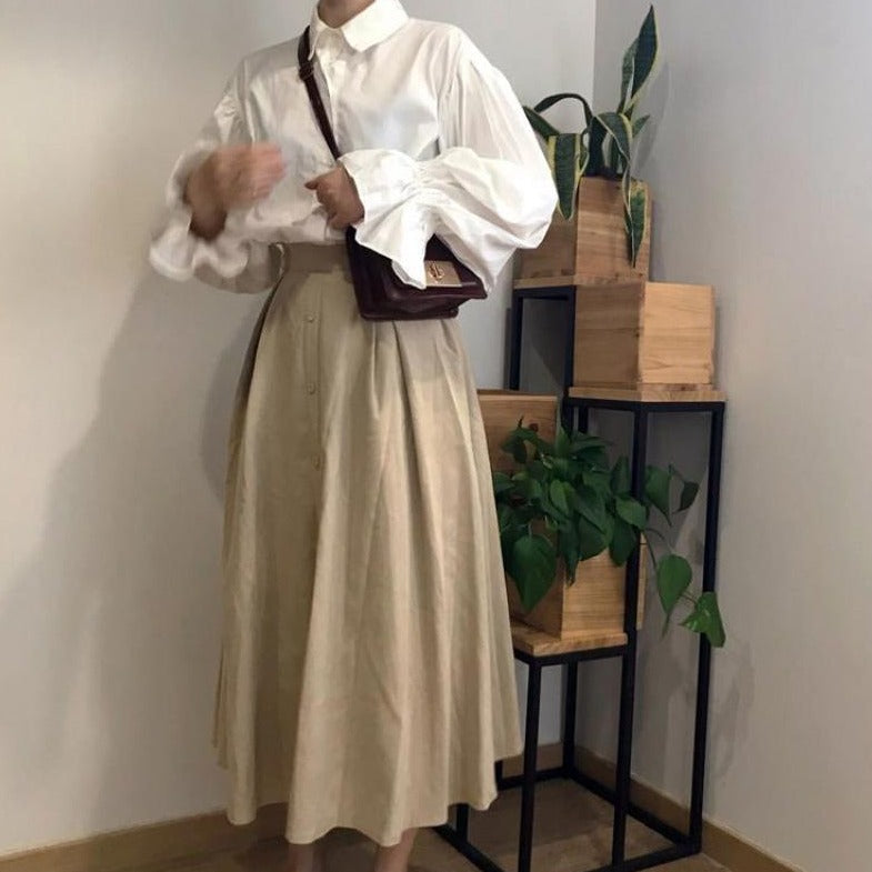 Button-Down Blouse With Flared Sleeves And Turn-Down Collar