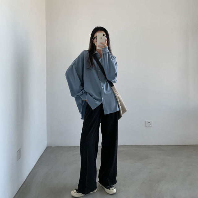 Oversized Button-Down Shirt With Turn-Down Collar