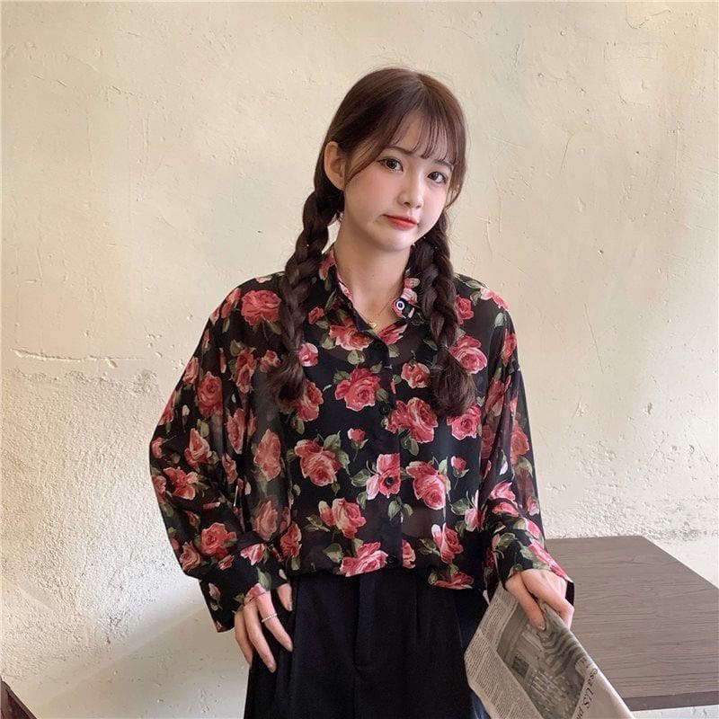 See-Through Button-Down Blouse With Floral Print (S to 4XL!)