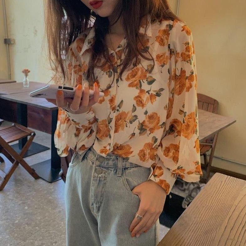 See-Through Button-Down Blouse With Floral Print (S to 4XL!)