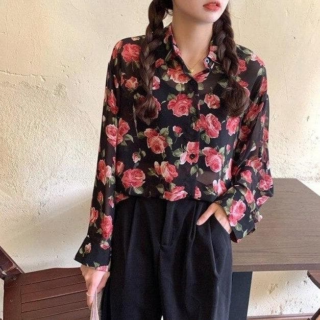 See-Through Button-Down Blouse With Floral Print (S to 4XL!)