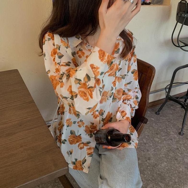 See-Through Button-Down Blouse With Floral Print (S to 4XL!)