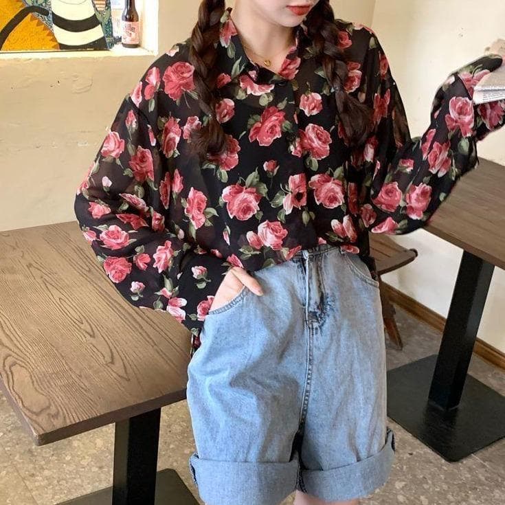 See-Through Button-Down Blouse With Floral Print (S to 4XL!)