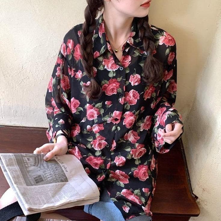 See-Through Button-Down Blouse With Floral Print (S to 4XL!)