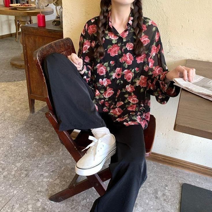 See-Through Button-Down Blouse With Floral Print (S to 4XL!)