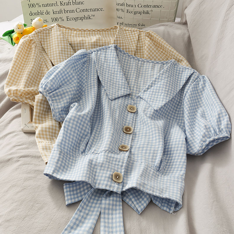 Collared Plaid Blouse With Back Bow And Puff Sleeves