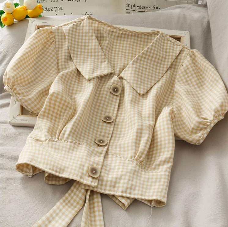 Collared Plaid Blouse With Back Bow And Puff Sleeves