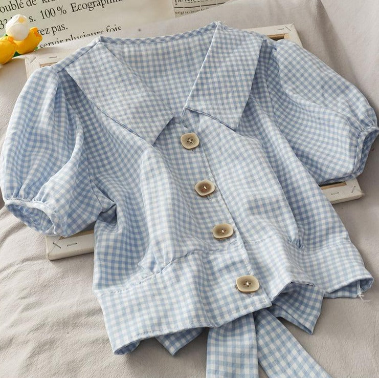 Collared Plaid Blouse With Back Bow And Puff Sleeves
