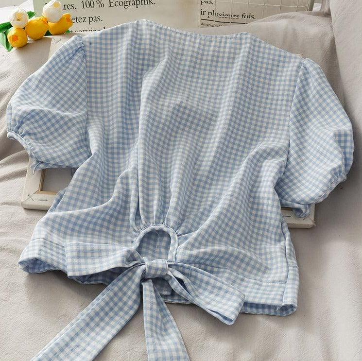 Collared Plaid Blouse With Back Bow And Puff Sleeves