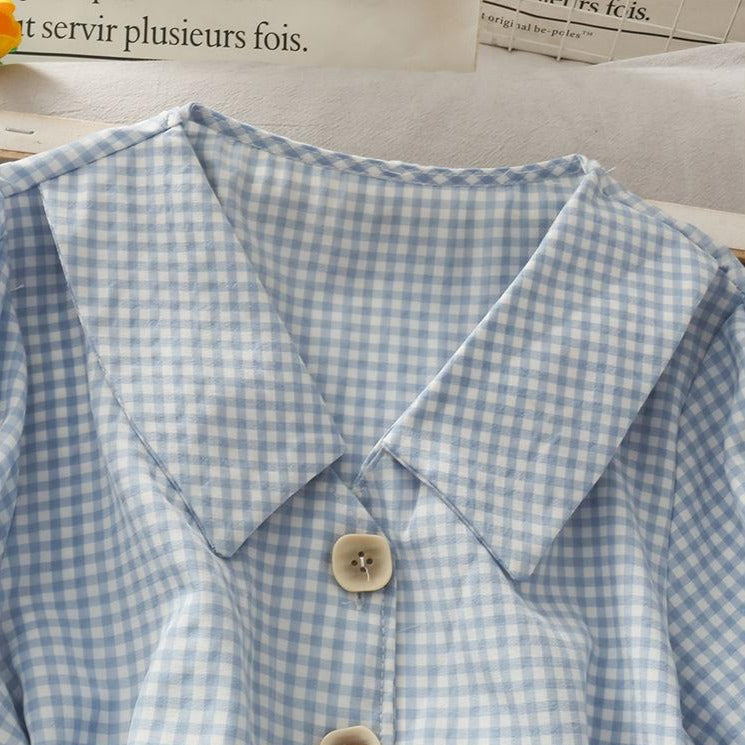Collared Plaid Blouse With Back Bow And Puff Sleeves